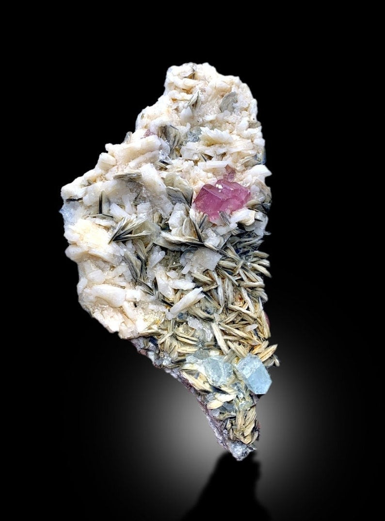 Pink Apatite With Aquamarine, Calcite and Mica Mineral Specimen From Nagar Pakistan - 711 gram