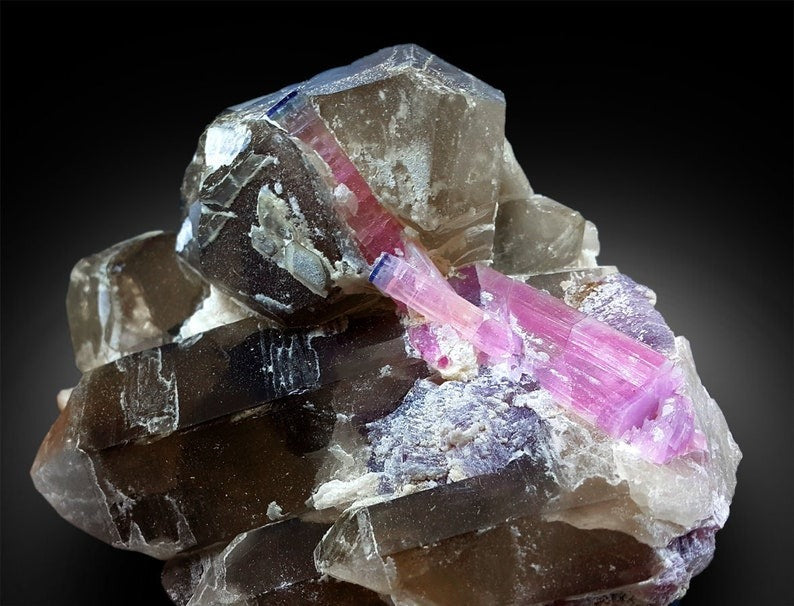 Bicolor Tourmaline Crystals with Lepidolite and Smoky Quartz from Paproke Afghanistan - 810 g , 135*96 mm