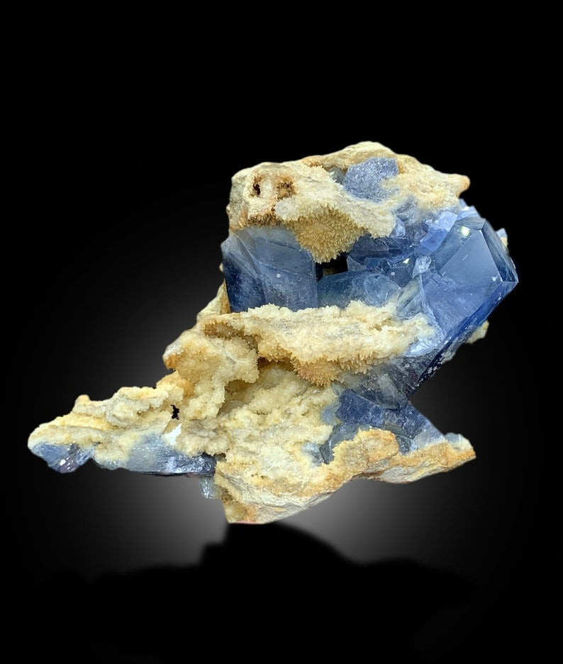 Natural Blue Celestine Crystals with Yellow Calcite Mineral Specimen from Baghdis, Afghanistan - 375 gram