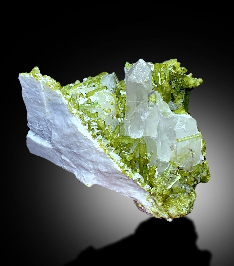 Green Tourmaline Crystals Cluster with Pollucite and Quartz From Chapu Mine Skardu Pakistan - 892 gram