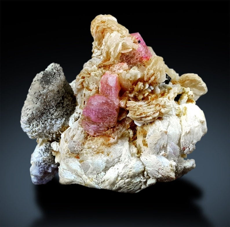 Pink Apatite Crystals with Tantalite , Schorl and Albite Mineral Specimen from Skardu Pakistan - 181 g , 63*57mm
