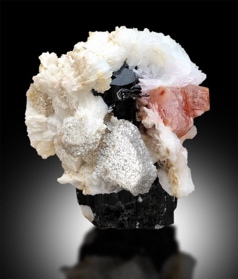 Pink Apatite Crystals with Tantalite, Schorl and Albite Mineral Specimen from Skardu Pakistan, 250 g, 68*61*53 mm