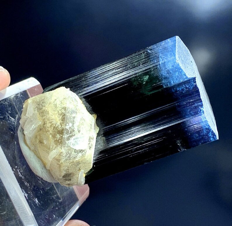 Natural Blue Cap Tourmaline Crystal with Smoky Quartz, Terminated Crystal, Raw Mineral, Tourmaline from Paproke Afghanistan - 91 gram