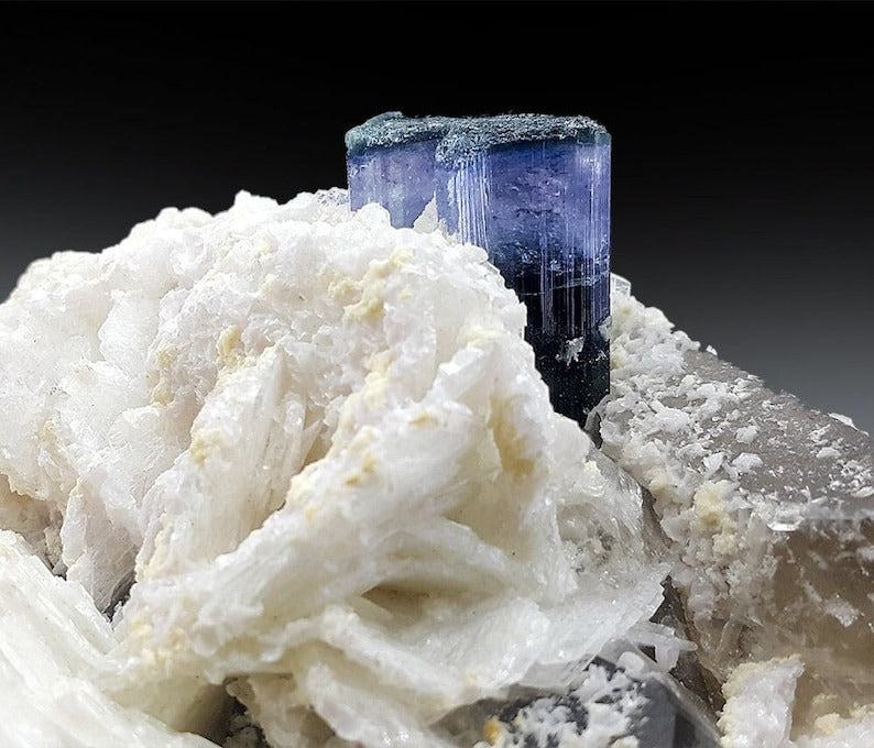 Blue Cap Tourmaline with Smoky Quartz, Cleavlandite and Lepidolite Specimen from Paproke Afghanistan - 645 Gram, 105*98*62 mm