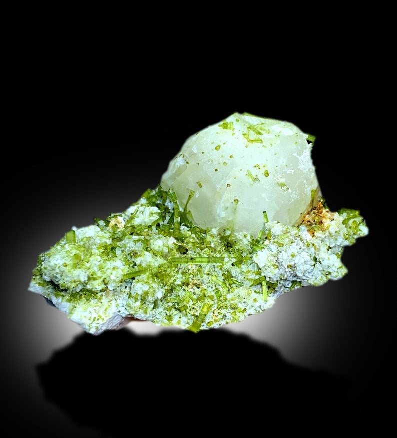 Green Tourmaline Crystals Cluster with Pollucite Mineral Specimen From Chapu Mine Skardu Pakistan - 873 gram