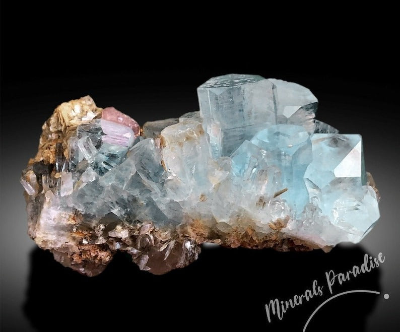 Aquamarine Crystals Cluster with Pink Apatite and Muscovite Mica Mineral Specimen from Chumar Bakhoor - 208 g