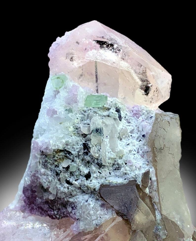 Peach Pink Color Morganite Crystals with Tourmalines, Pink Lepidolite and Smoky Quartz, Morganite Specimen from Dara-i-Pech Afghanistan