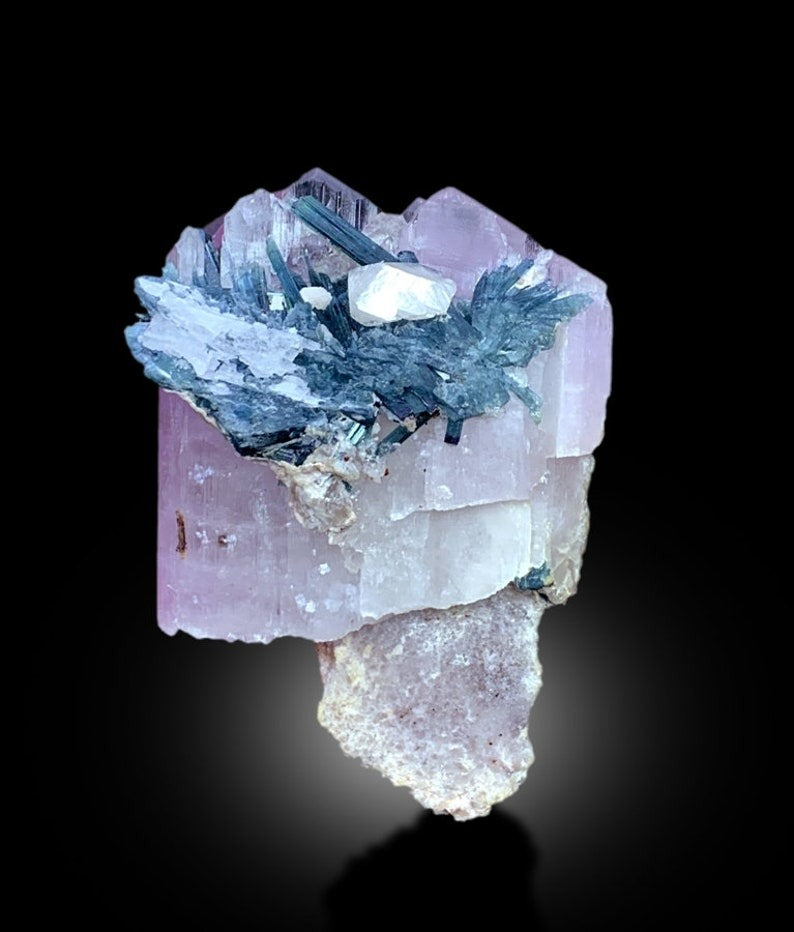 Kunzite Specimen, Terminated Pink Kunzite With Blue Tourmalines on Feldspar, Mineral Specimen, Kunzite From Afghanistan - 214 gram