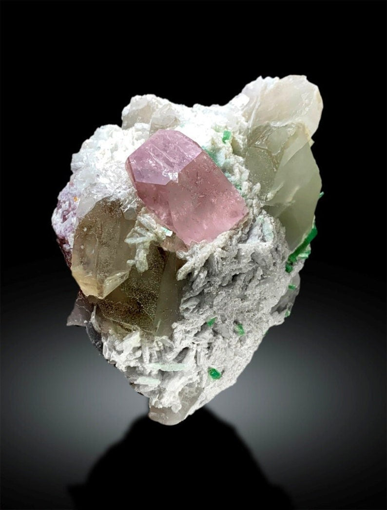 Pink Morganite Crystal with Tourmalines, Quartz and Albite, Morganite Specimen, Tourmaline Crystals from Afghanistan 342 gram