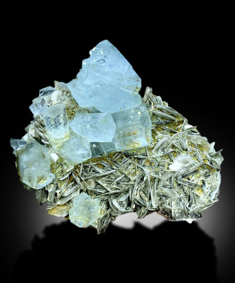 Blue Aquamarine Crystals Cluster With Muscovite Mica Mineral Specimen From Gilgit Baltistan Pakistan - 672 gram