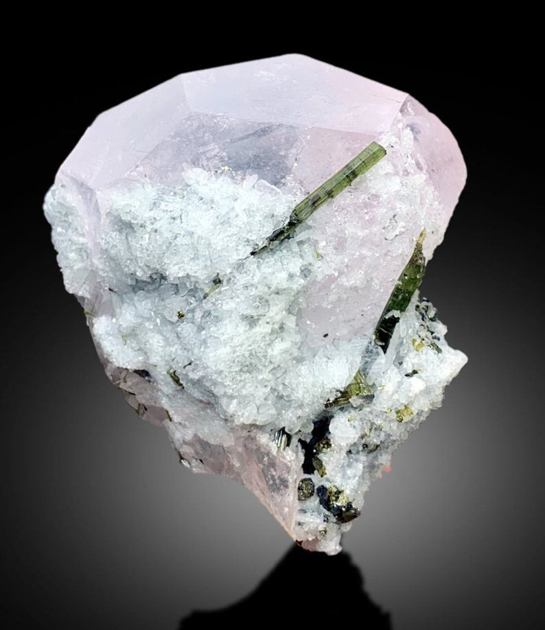 AquaMorganite with Green Tourmalines, Pink Morganite Crystal, Morganite Specimen, Mineral Specimen, Bicolor Beryl - 137 gram