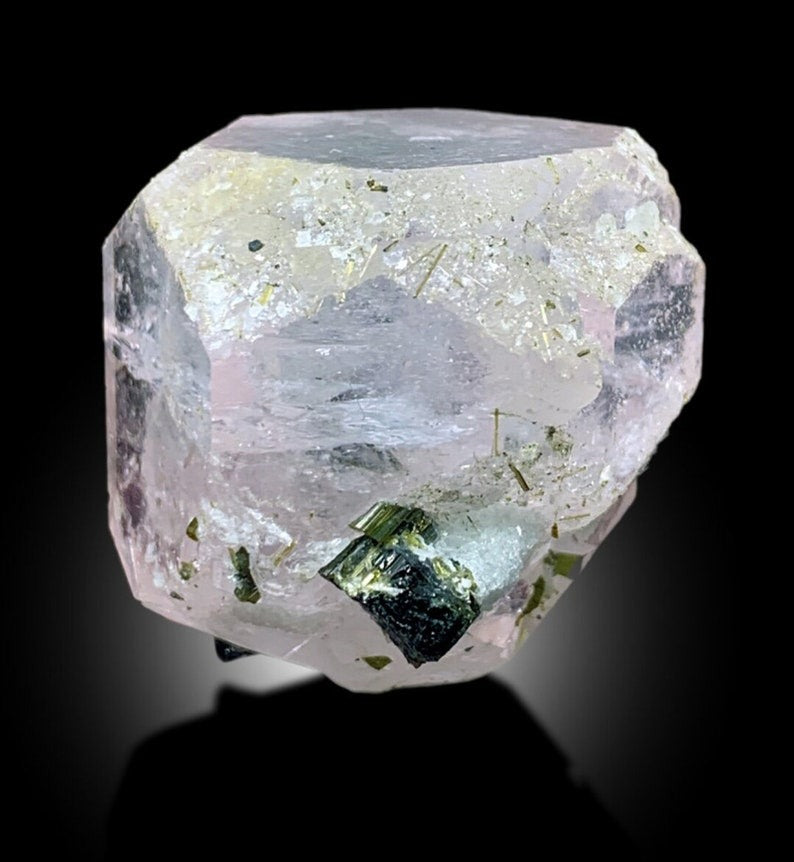 Enhydro Morganite, Pink Morganite with Tourmalines, Green Tourmaline Crystals, Morganite Specimen, Morganite Crystal with Blue Core, 90 g