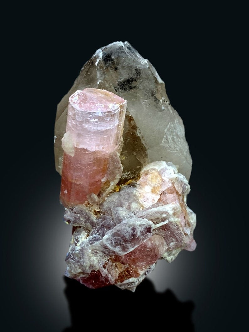Pink Tourmaline Crystal with Smoky Quartz and Lepidolite Mica, Tourmaline Specimen, Paprok Tourmaline, Tourmaline for sale, 93 g