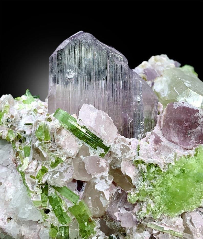 Pink Kunzite Crystals with Green Tourmaline Cluster, Kunzite Stone, Tourmaline Crystals, Combo Mineral Specimen from Afghanistan, 348 gram