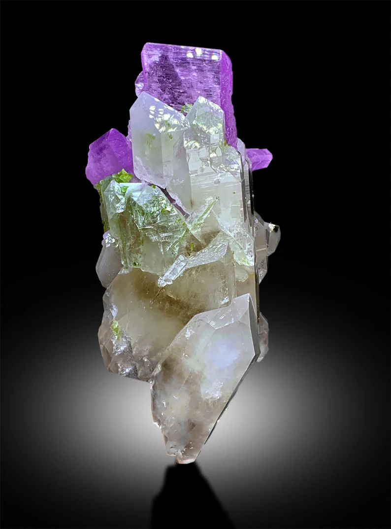 Pink Kunzite, Green Tourmalines, Quartz Crystals, Kunzite Specimen, Kunzite Tourmaline, Raw Kunzite, Kunzite with Tourmalines, 598g