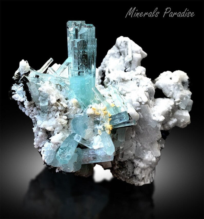 Natural Blue Aquamarine Crystals Cluster with Schorl and Feldspar Mineral Specimen from Shigar Valley Skardu Pakistan - 466 gram