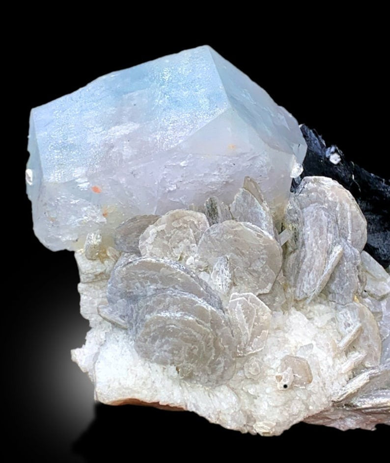 Beryl Aqua Morganite with Schorl and Lepidolite Specimen, 553 gram