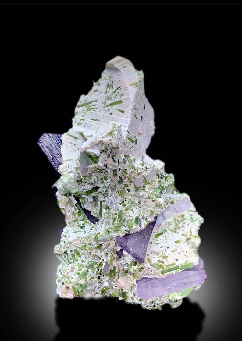 Pink Kunzite With Green Tourmline Crystals Cluster on Matrix Mineral Specimen From Afghanistan - 354 gram