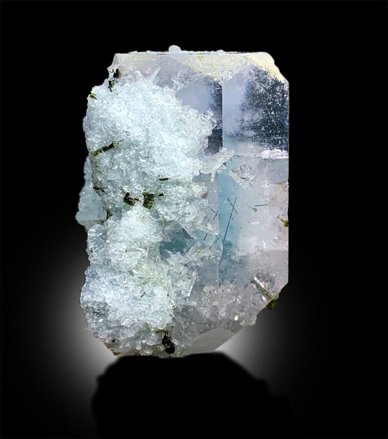 AquaMorganite with Green Tourmalines, Pink Morganite Crystal with Blue Core, Tourmaline cluster, Mineral Specimen, Bicolor Beryl, 54 Gram