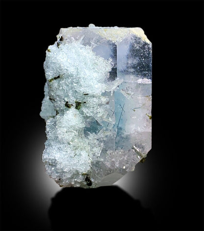 AquaMorganite with Green Tourmalines, Pink Morganite Crystal with Blue Core, Tourmaline cluster, Mineral Specimen, Bicolor Beryl, 54 Gram