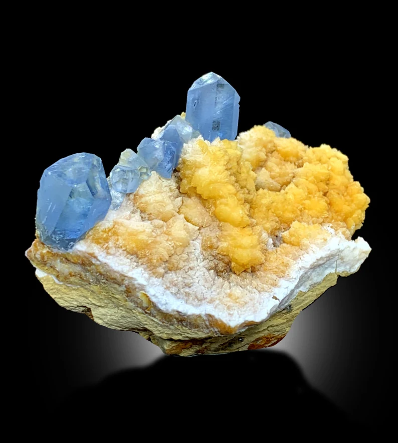 Terminated Blue Celestine Crystals With Calcite Mineral Specimen From Baghdis, Afghanistan - 89 gram