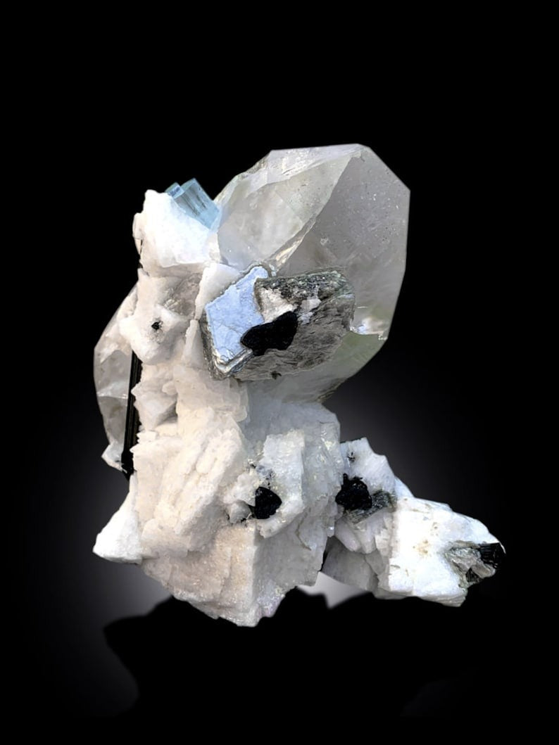 Blue Cap Aquamarine Crystals with Schorl Tourmaline, Quartz Crystals and Feldspar, Aquamarine Specimen, Tourmaline Crystals, 925 gram