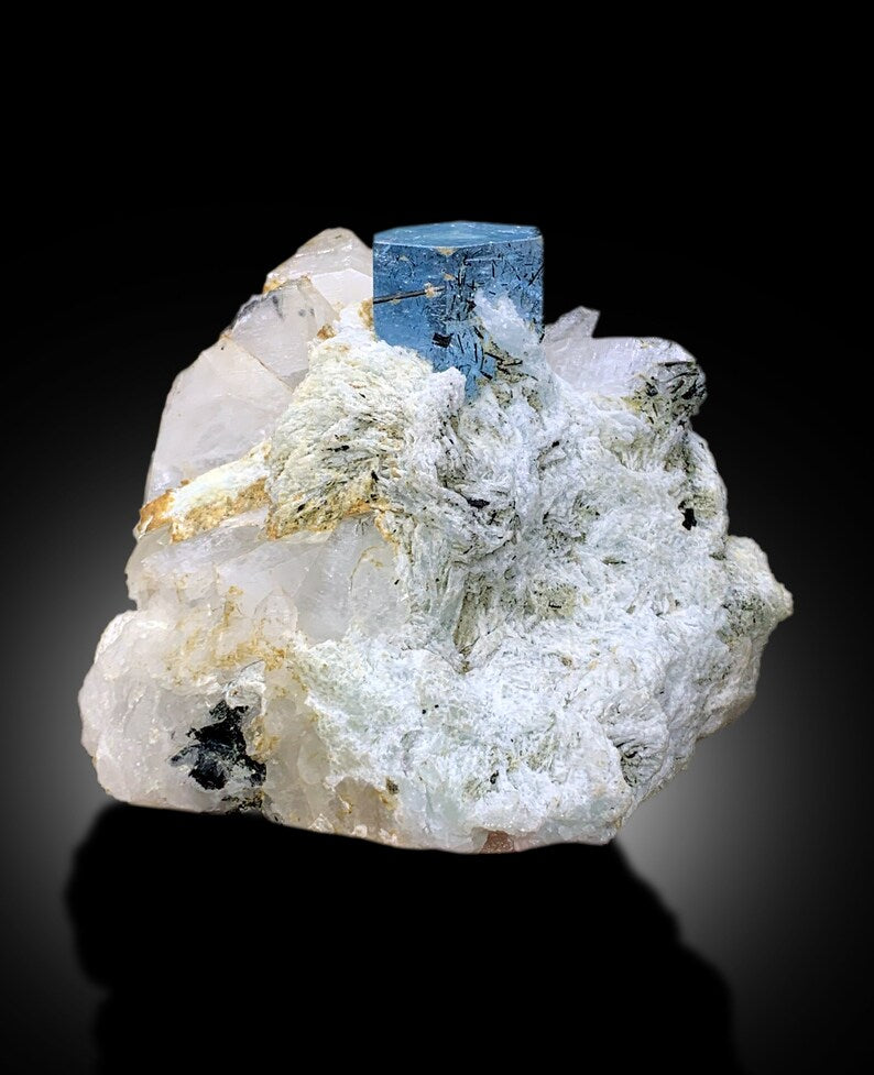 Natural Deep Blue Aquamarine Crystal with Schorl, Albite and Quartz Mineral Specimen from Haramosh Skardu Pakistan - 406 gram