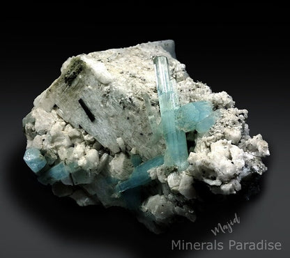 Aquamarine Crystals Cluster with Black Tourmaline on Feldspar, Aquamarine Specimen, Fine Minerals, Aquamarine For Sale 1088 g