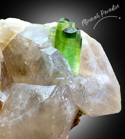 Green Tourmaline Crystal with Smoky Quartz, Natural Tourmaline, Green Color, Mineral Specimen From Paprok 922 Gram
