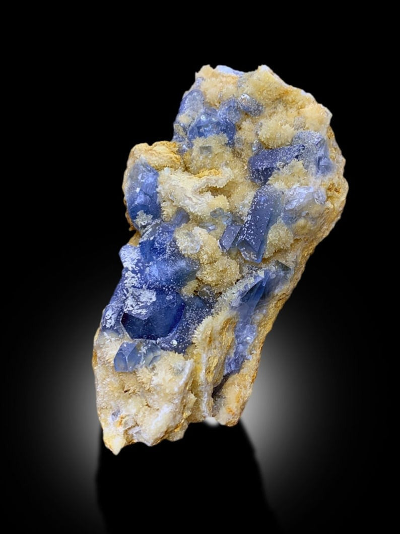 Rich Blue Colour Celestine Crystals Cluster with Yellow Color Calcite Mineral Specimen from Afghanistan , 728 gram