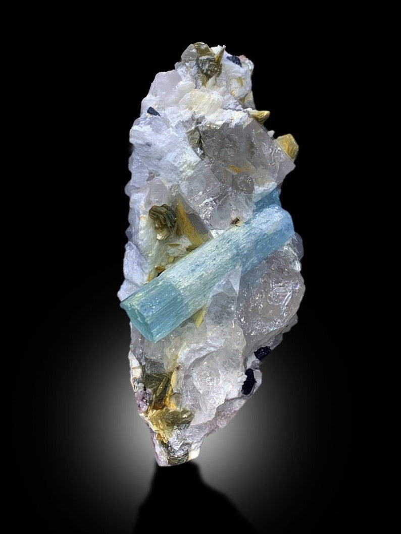 Terminated Blue Aquamarine Crystal With Mica Schorl Quartz and Feldspar Combo Specimen From Skardu Pakistan - 780 gram