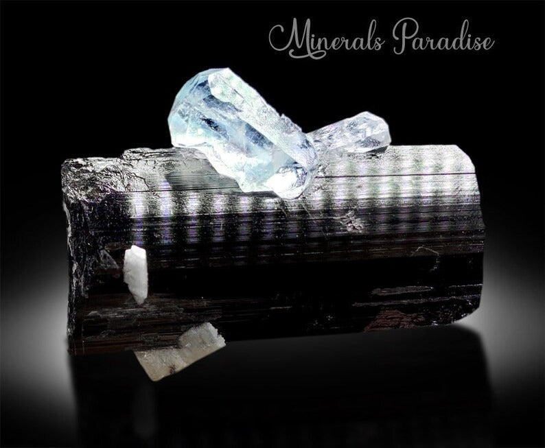 Aquamarine Crystal on Tourmaline, Natural Aquamarine, Black Tourmaline, Aquamarine Specimen, Aquamarine For Sale 132 g