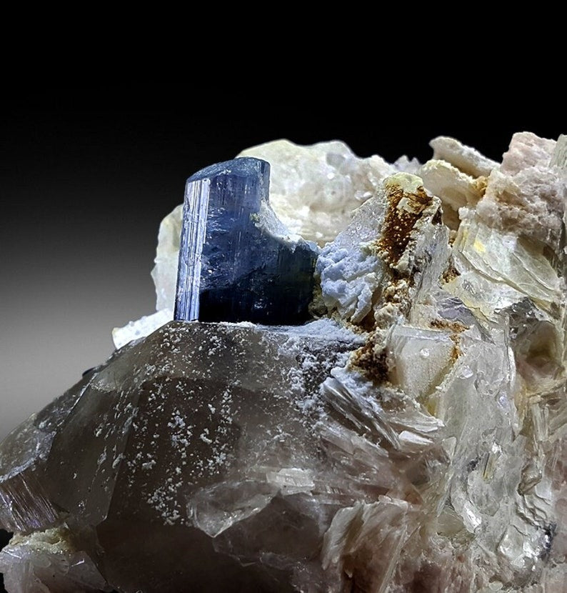 Blue Cap Tourmaline with Smoky Quartz , Cleavlandite Albite Specimen, Tourmaline Crystal, Tourmaline Specimen From Paproke 493 g