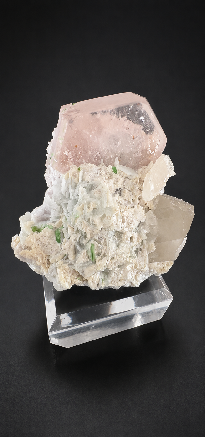 Natural Morganite Crystal with Green Tourmalines, Quartz, Albite and Microlite from Afghanistan