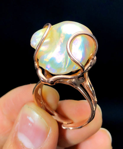 Adjustable baroque pearl ring gold band close-up
73.30ct baroque pearl ring wedding engagement jewelry