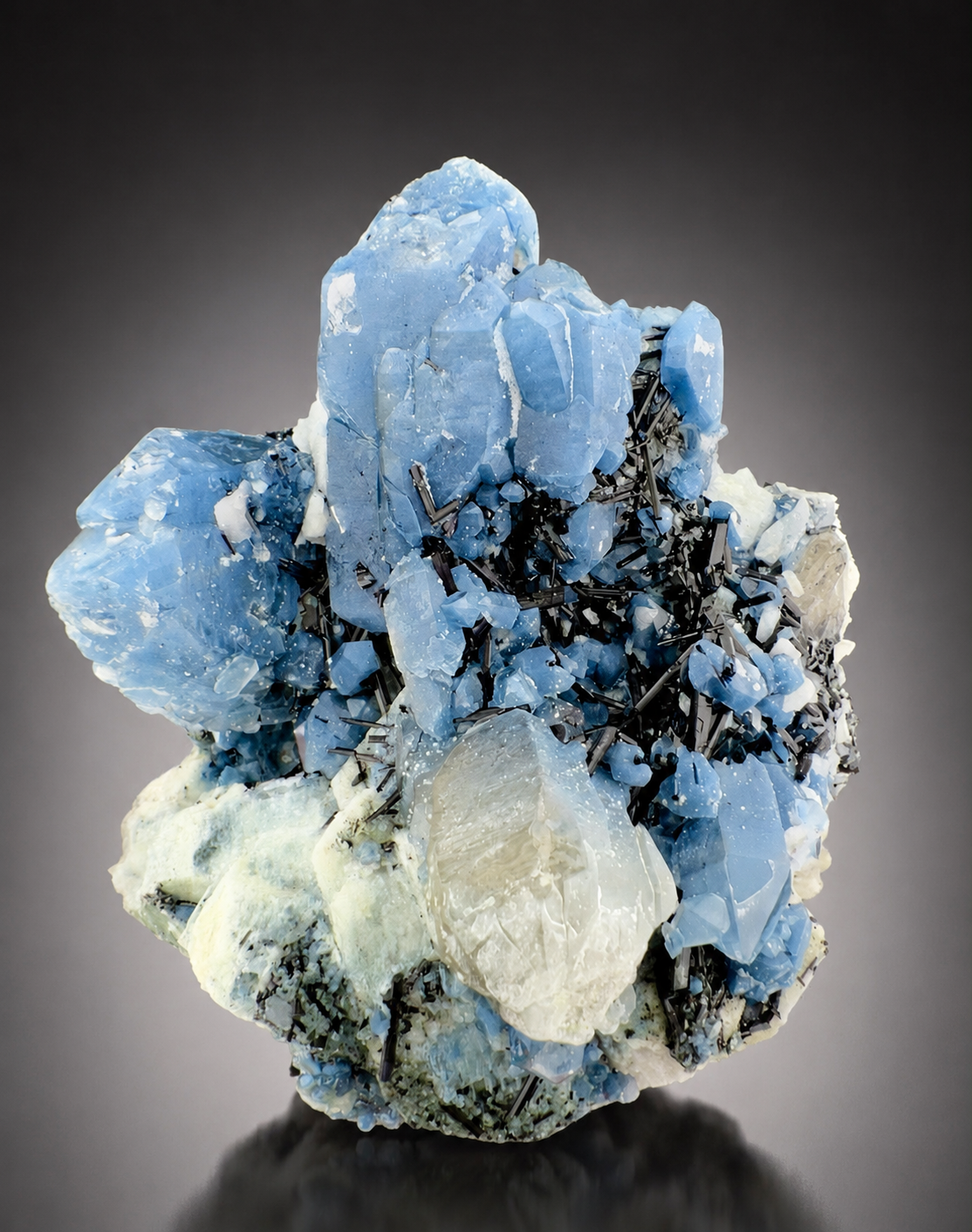 Indicolite Included Quartz Cluster with Black Schorl Tourmaline, Blue Quartz Specimen from Afghanistan, 802 gram
