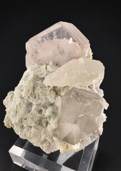 Natural Morganite Crystal with Green Tourmalines, Quartz, Albite and Microlite from Afghanistan