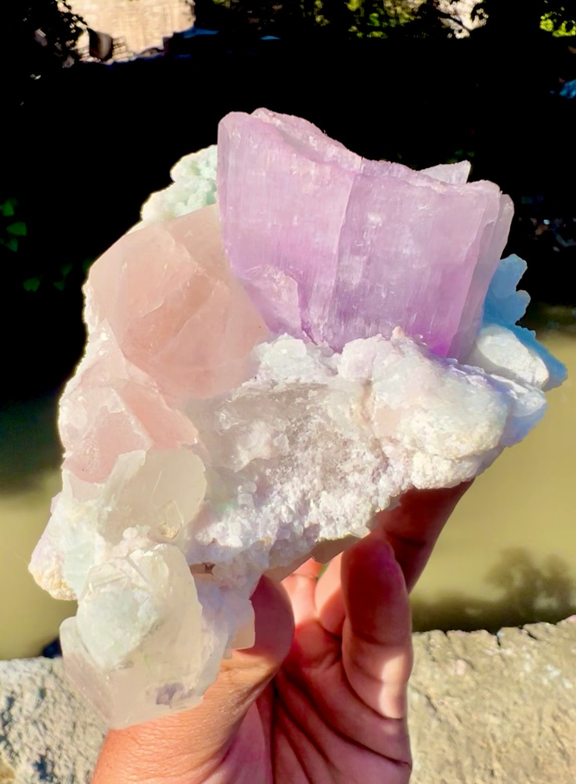 Kunzite with Morganite and Quartz on matrix, 620 gram