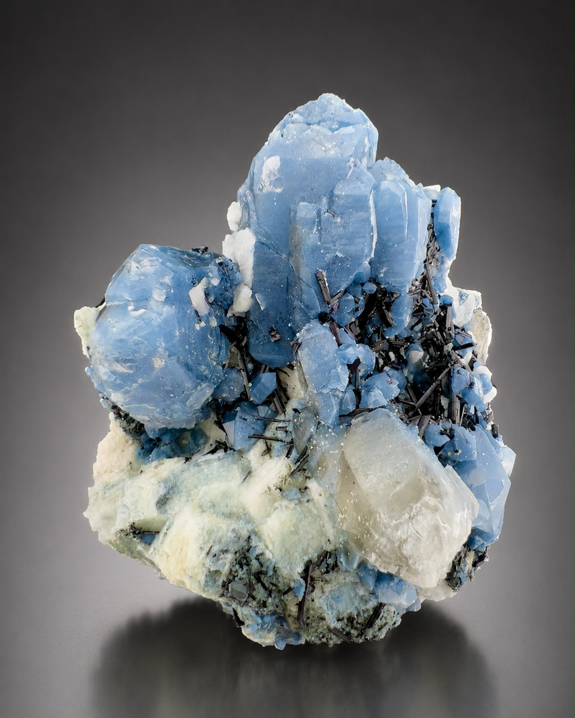 Indicolite Included Quartz Cluster with Black Schorl Tourmaline, Blue Quartz Specimen from Afghanistan, 802 gram