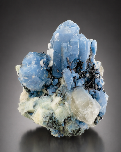 Indicolite Included Quartz Cluster with Black Schorl Tourmaline, Blue Quartz Specimen from Afghanistan, 802 gram