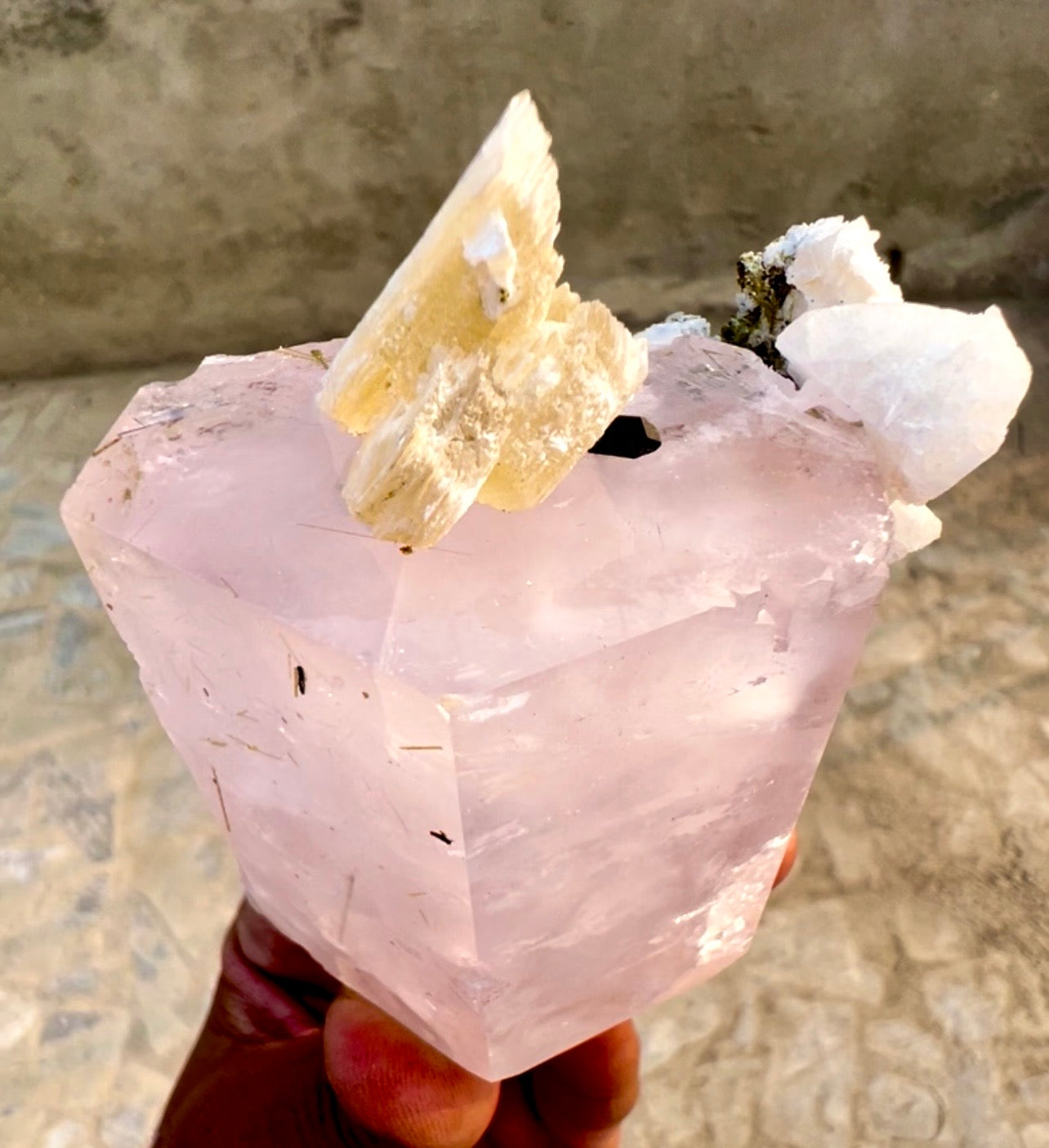 Pink Morganite crystal with Tourmalines, Mica and Feldspar from Pakistan, 365 gram
