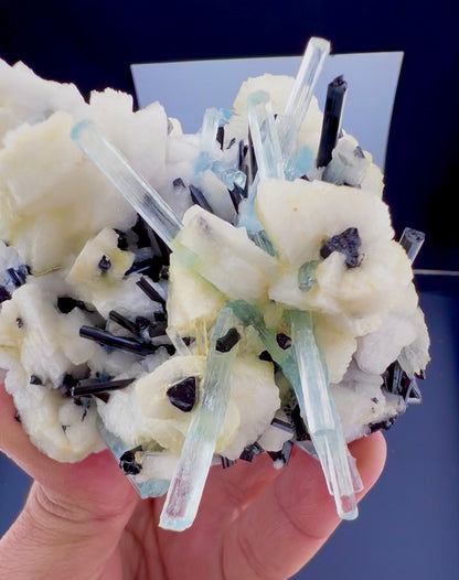 Aquamarine crystals with Schorl on Feldspar from Pakistan, 300 gram