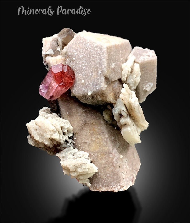 Rubelite Pink Tourmaline Crystal with Smoky Quartz and Feldspar, Tourmaline Specimen, Tourmaline for sale, Tourmaline from Paprok, 195 gram