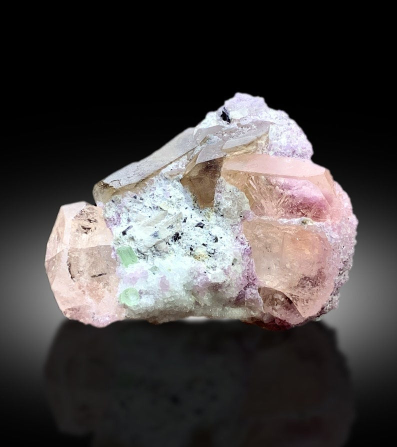 Peach Pink Color Morganite Crystals with Tourmalines, Pink Lepidolite and Smoky Quartz, Morganite Specimen from Dara-i-Pech Afghanistan