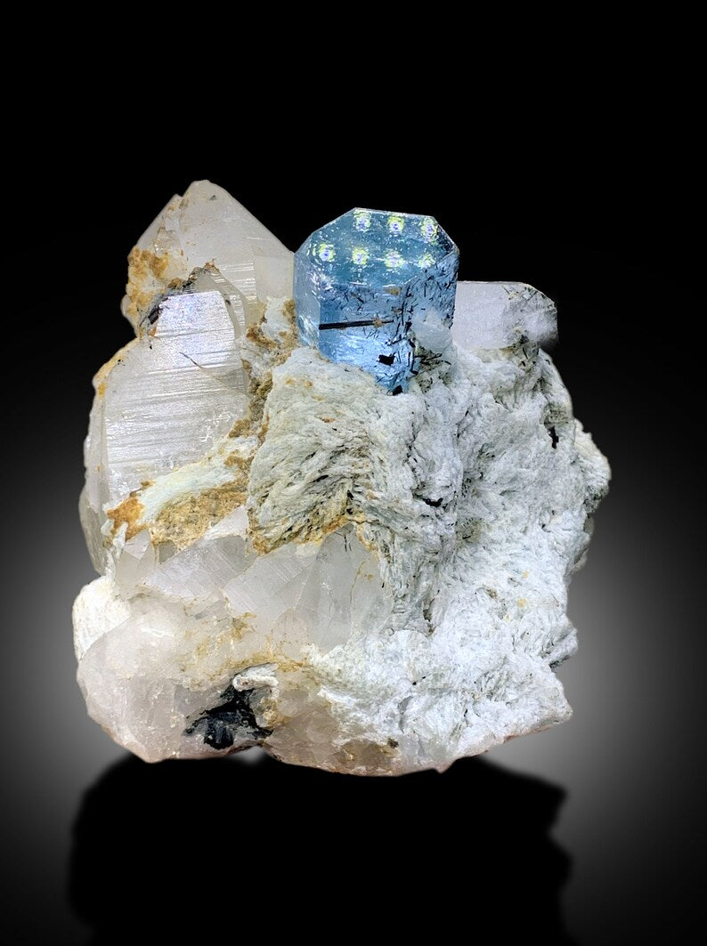 Natural Deep Blue Aquamarine Crystal with Schorl, Albite and Quartz Mineral Specimen from Haramosh Skardu Pakistan - 406 gram