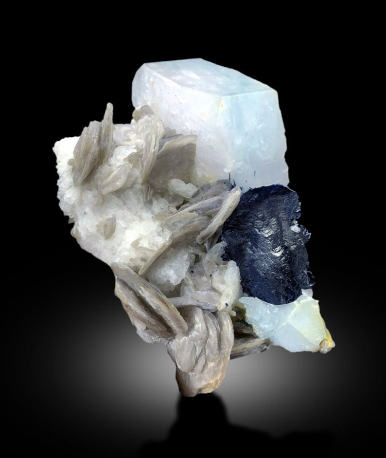 Beryl Aqua Morganite with Schorl and Lepidolite Specimen, 553 gram