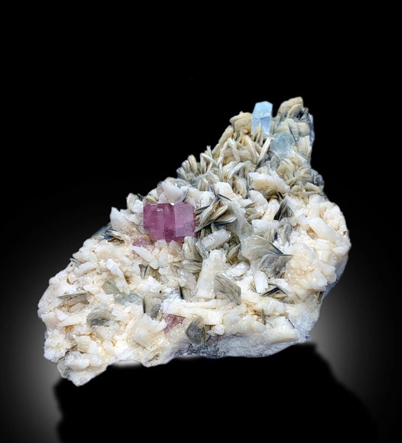 Pink Apatite With Aquamarine, Calcite and Mica Mineral Specimen From Nagar Pakistan - 711 gram