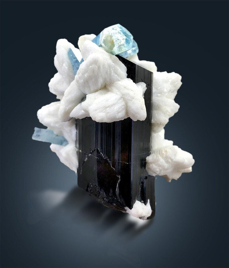 Aquamarine Crystals on Black Tourmaline Schorl and Albite from Afghanistan - 225 g , 70*55*52 mm