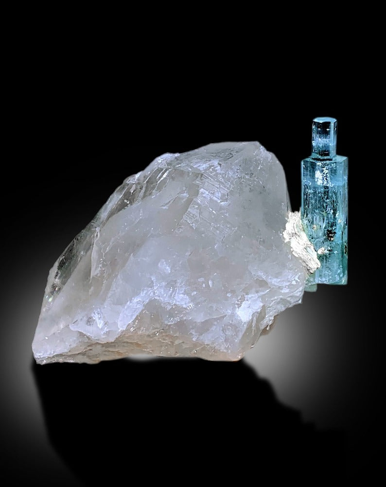 Stepwise Terminated Blue Aquamarine Crystal on Quartz Mineral Specimen From Shigar Valley Skardu Pakistan - 506 gram