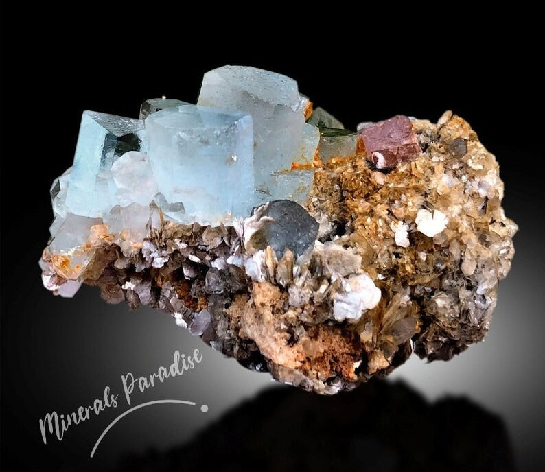 Aquamarine Crystals Cluster with Pink Apatite and Muscovite Mica Mineral Specimen from Chumar Bakhoor - 208 g